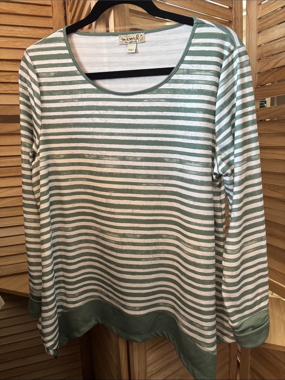 ONE WORLD Sage Green & White Striped Tee Medium